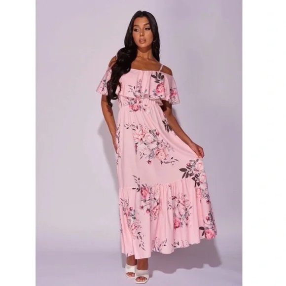 Dresses & Skirts - Pink Floral Print Cold Shoulder Short Sleeve Frill Detail Long Maxi Dress